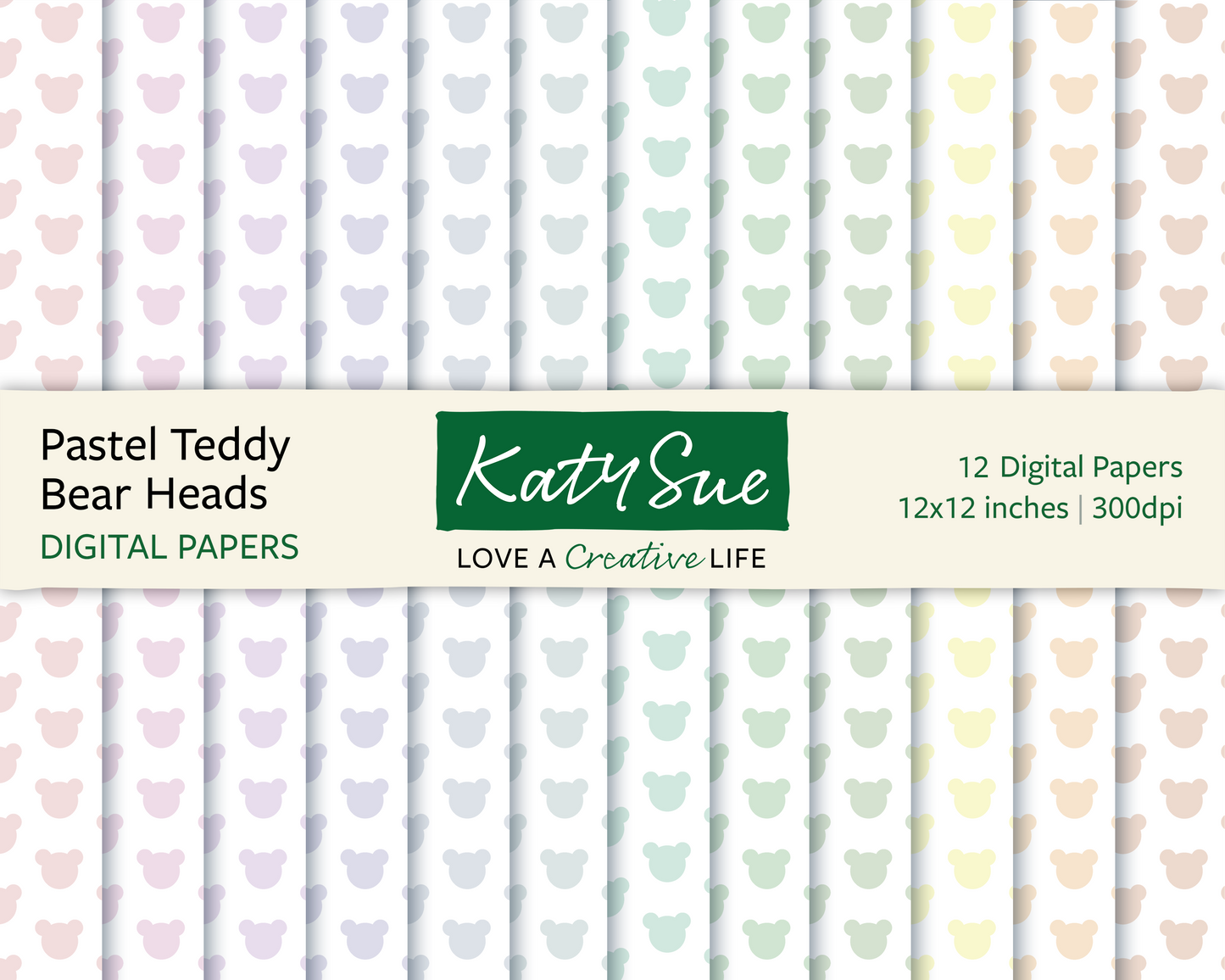 Pastel Teddy Bear Heads | 12x12 Digital Papers