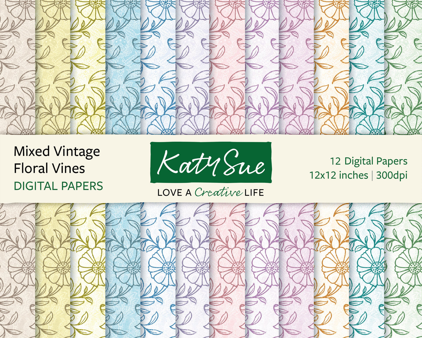 Mixed Vintage Floral Vines | 12x12 Digital Papers
