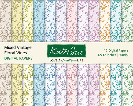 Mixed Vintage Floral Vines | 12x12 Digital Papers